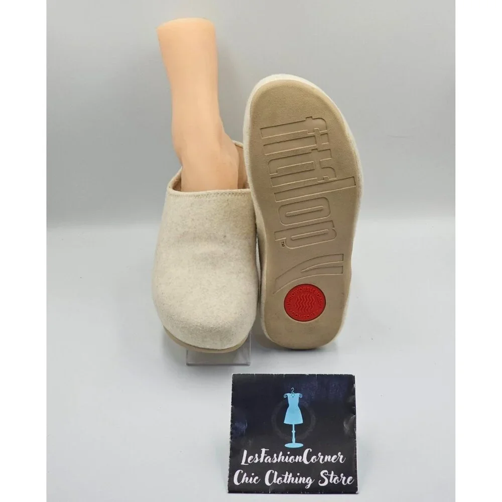 FitFlop Women's Beige  Wool Felt Shuv Clogs Beige Slip-On Mules Size 9 2693 - Picture 4 of 16